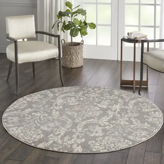 5' Gray Round Damask Power Loom Area Rug Photo 5