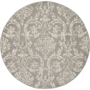 Photo of 5' Gray Round Damask Power Loom Area Rug