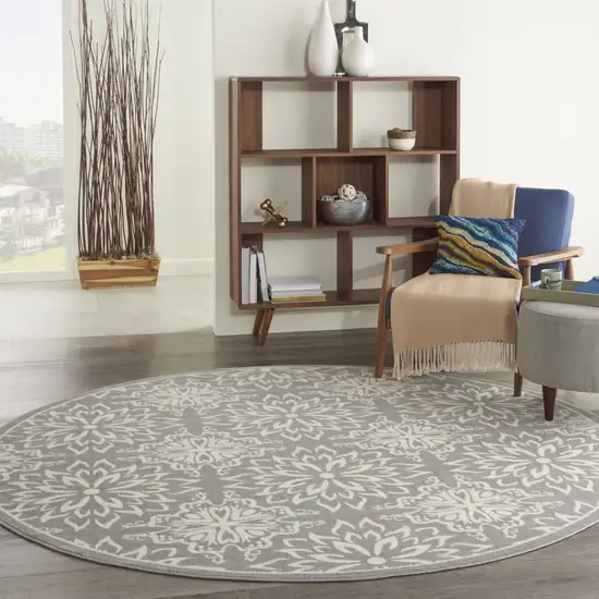 8' Gray Round Floral Power Loom Area Rug Photo 7