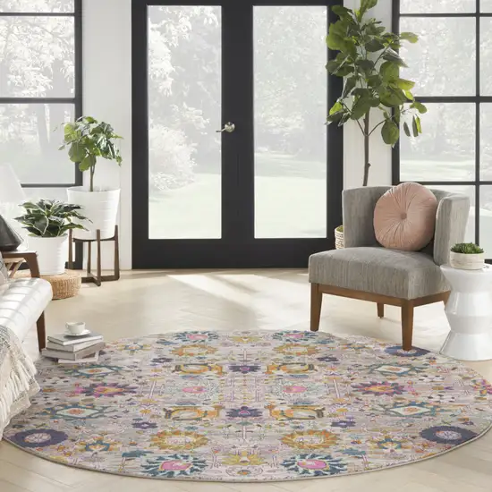 8' Gray Round Floral Power Loom Area Rug Photo 9