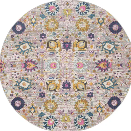 8' Gray Round Floral Power Loom Area Rug Photo 8