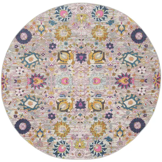 8' Gray Round Floral Power Loom Area Rug Photo 1