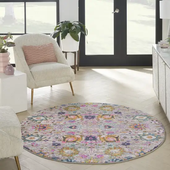 5' Gray Round Floral Power Loom Area Rug Photo 9