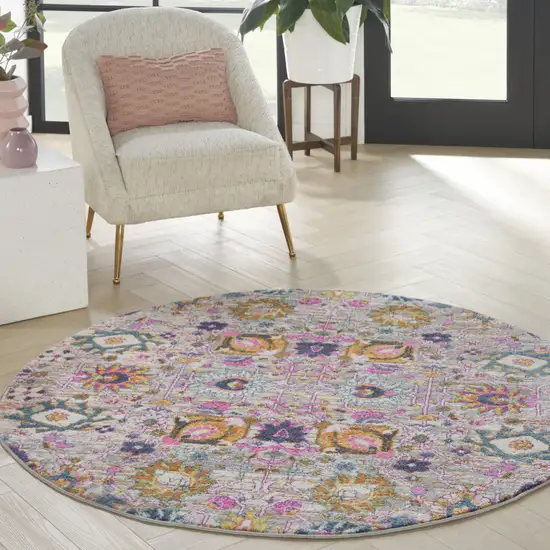 5' Gray Round Floral Power Loom Area Rug Photo 8