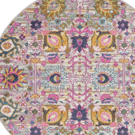 4' Gray Round Floral Power Loom Area Rug Photo 8