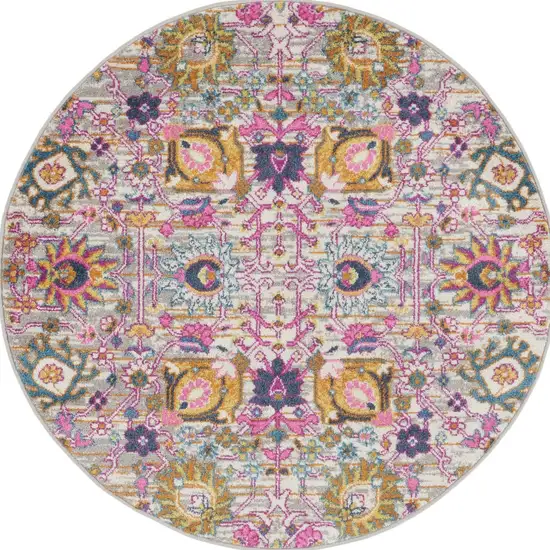 4' Gray Round Floral Power Loom Area Rug Photo 9