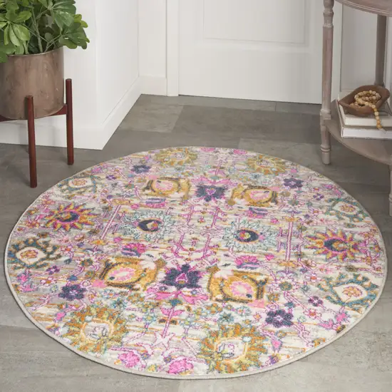 4' Gray Round Floral Power Loom Area Rug Photo 8