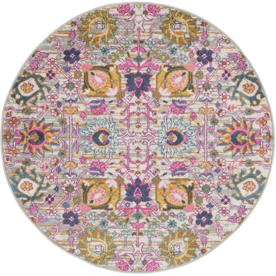 4' Gray Round Floral Power Loom Area Rug Photo 1