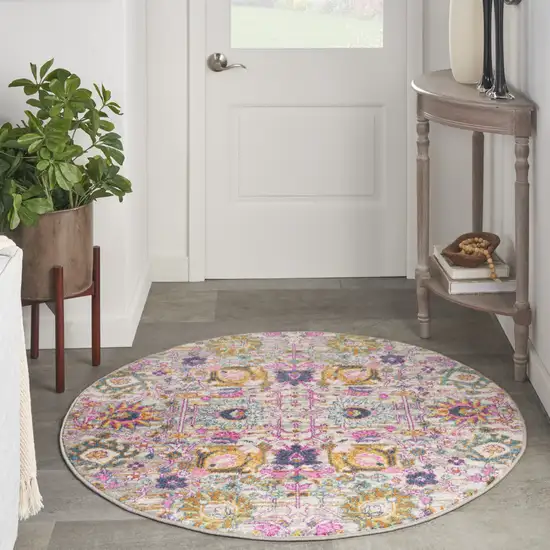 4' Gray Round Floral Power Loom Area Rug Photo 9