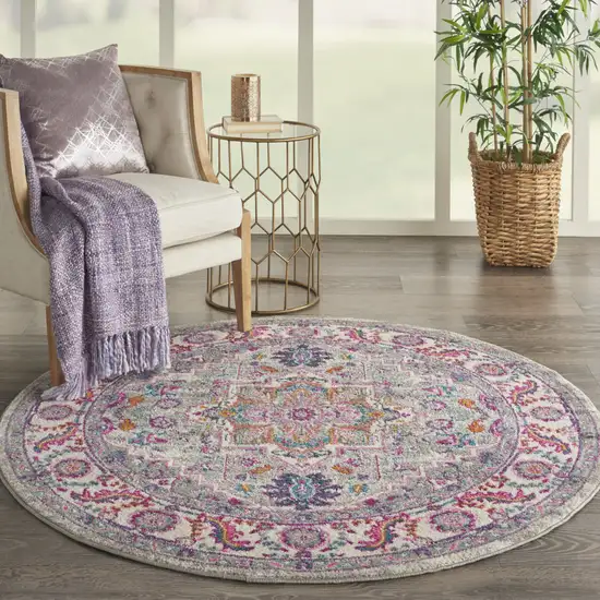 5' Gray Round Floral Power Loom Area Rug Photo 8