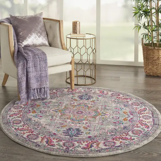 5' Gray Round Floral Power Loom Area Rug Photo 9