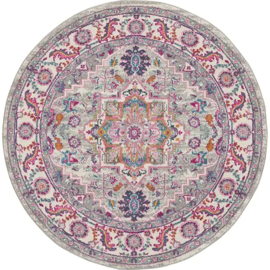 5' Gray Round Floral Power Loom Area Rug Photo 1