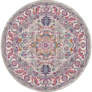 Photo of 5' Gray Round Floral Power Loom Area Rug