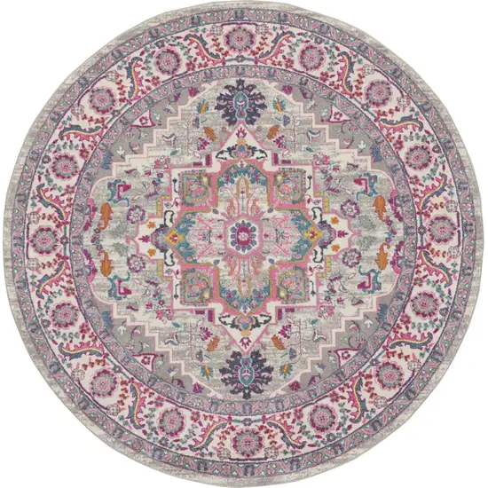 8' Gray Round Floral Power Loom Area Rug Photo 1