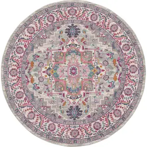 Photo of 8' Gray Round Floral Power Loom Area Rug