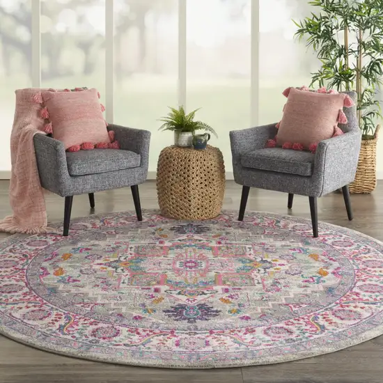 8' Gray Round Floral Power Loom Area Rug Photo 8