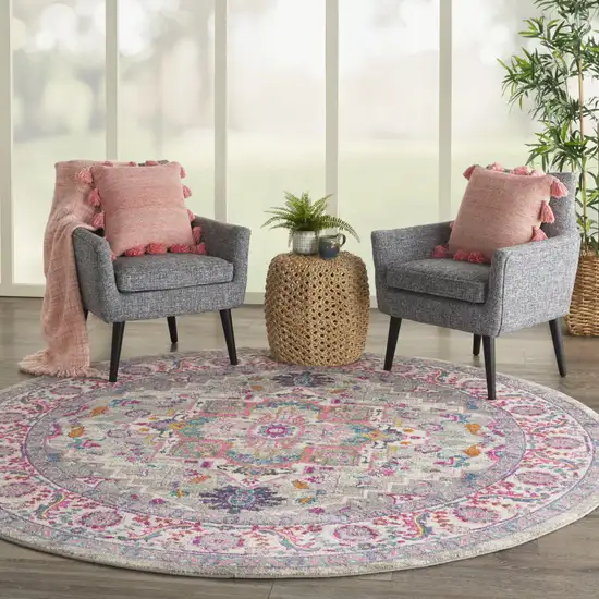 8' Gray Round Floral Power Loom Area Rug Photo 9