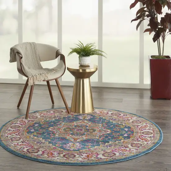 4' Gray Round Floral Power Loom Area Rug Photo 8