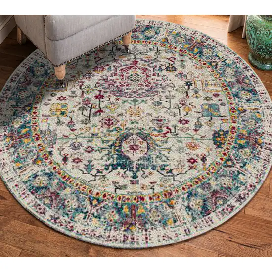 7' Gray Round Floral Power Loom Area Rug Photo 3