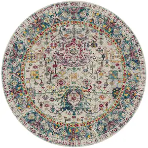 Photo of 7' Gray Round Floral Power Loom Area Rug