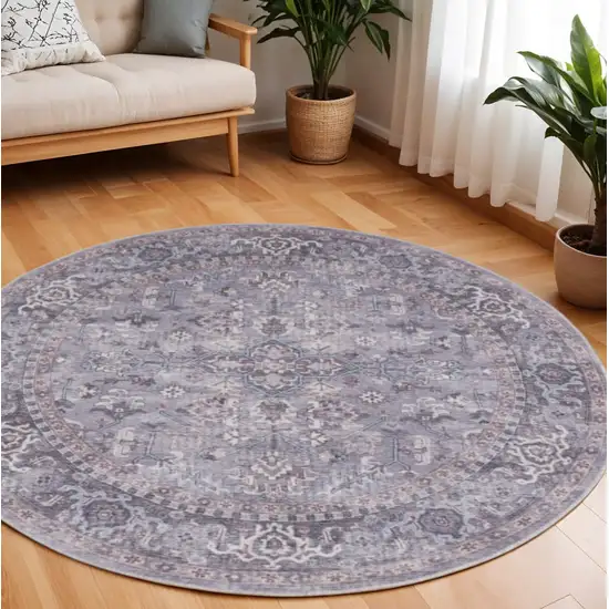 8' Gray Round Floral Power Loom Distressed Area Rug Photo 1