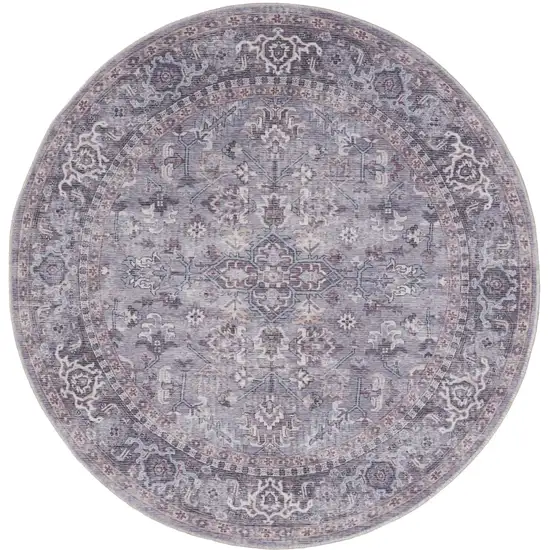 8' Gray Round Floral Power Loom Distressed Area Rug Photo 2