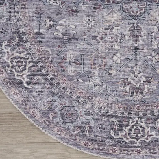 8' Gray Round Floral Power Loom Distressed Area Rug Photo 4