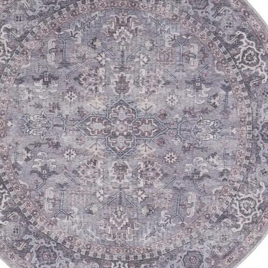 8' Gray Round Floral Power Loom Distressed Area Rug Photo 7