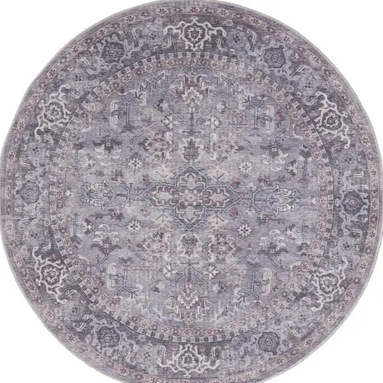 8' Gray Round Floral Power Loom Distressed Area Rug Photo 8