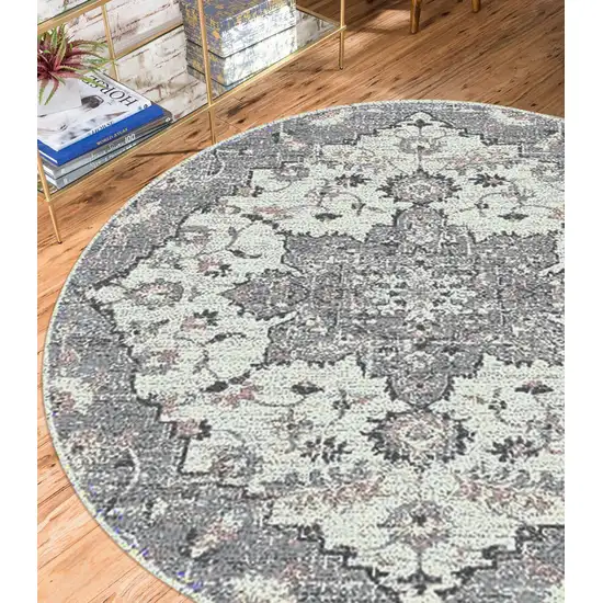 7' Gray Round Medallion Power Loom Area Rug Photo 5