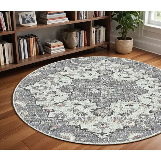 7' Gray Medallion Power Loom Round Rug Photo 1