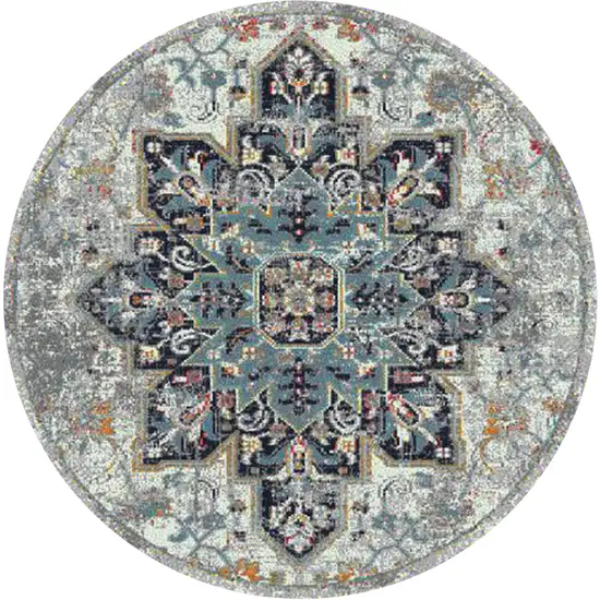 7' Gray Round Medallion Power Loom Area Rug Photo 1