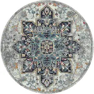 Photo of 7' Gray Round Medallion Power Loom Area Rug