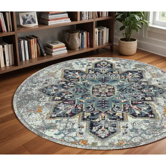 7' Gray Medallion Power Loom Round Rug Photo 1