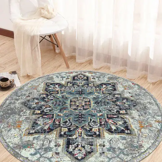 7' Gray Round Medallion Power Loom Area Rug Photo 7