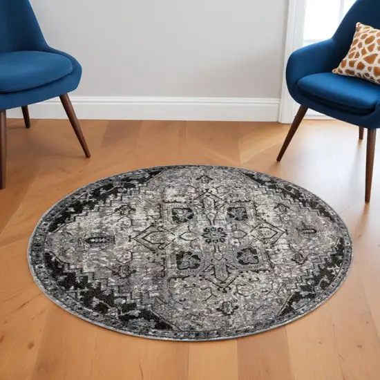 6' Black and Gray Medallion Power Loom Round Rug Photo 1