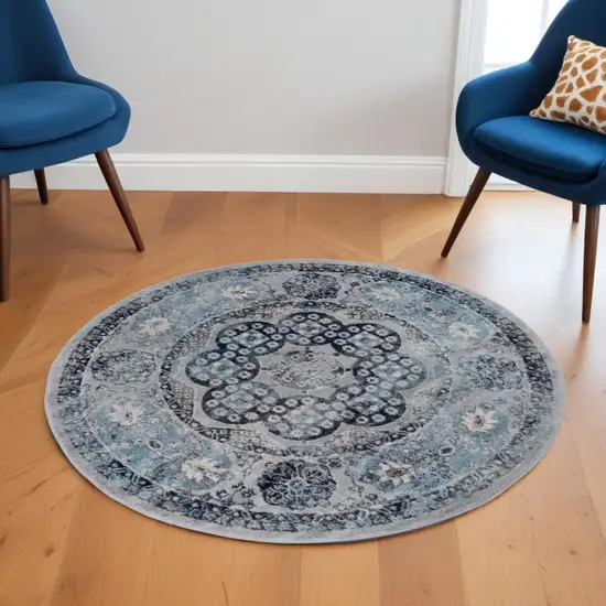 6' Gray and Blue Medallion Power Loom Round Rug Photo 1