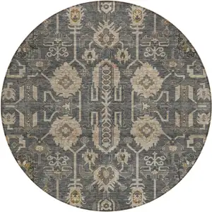 Photo of 8' Gray Silver And Beige Round Oriental Washable Indoor Outdoor Area Rug