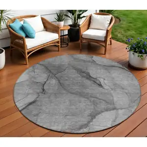 Photo of 8' Gray Silver And Charcoal Round Abstract Washable Indoor Outdoor Area Rug