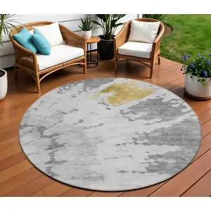 Photo of 8' Gray Silver And Charcoal Round Abstract Washable Indoor Outdoor Area Rug