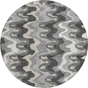 Photo of 8' Gray Silver And Charcoal Round Abstract Washable Indoor Outdoor Area Rug