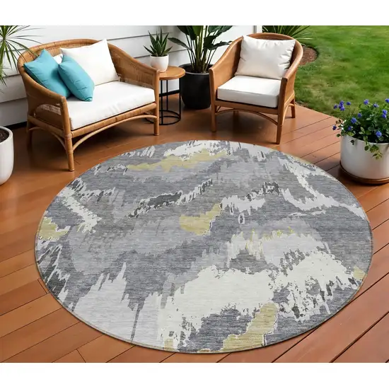 8' Gray Silver And Charcoal Round Abstract Washable Indoor Outdoor Area Rug Photo 1