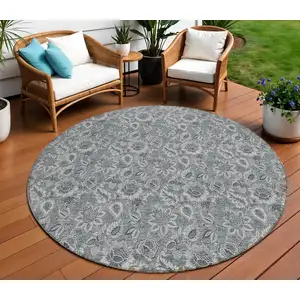 Photo of 8' Gray Silver And Charcoal Round Floral Washable Indoor Outdoor Area Rug