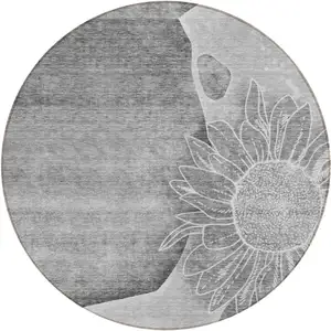 Photo of 8' Gray Silver And Charcoal Round Floral Washable Indoor Outdoor Area Rug