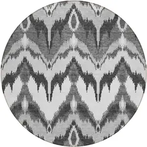 Photo of 8' Gray Silver And Charcoal Round Ikat Washable Indoor Outdoor Area Rug