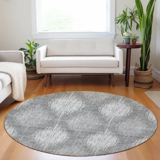 8' Gray Silver And Charcoal Round Ikat Washable Indoor Outdoor Area Rug Photo 7