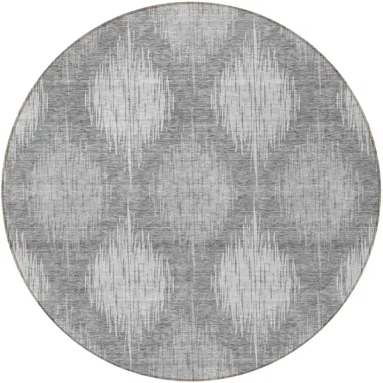 8' Gray Silver And Charcoal Round Ikat Washable Indoor Outdoor Area Rug Photo 5