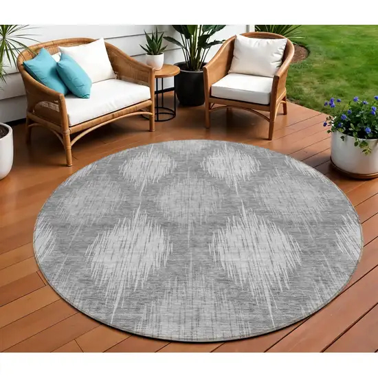 8' Gray Silver And Charcoal Round Ikat Washable Indoor Outdoor Area Rug Photo 1