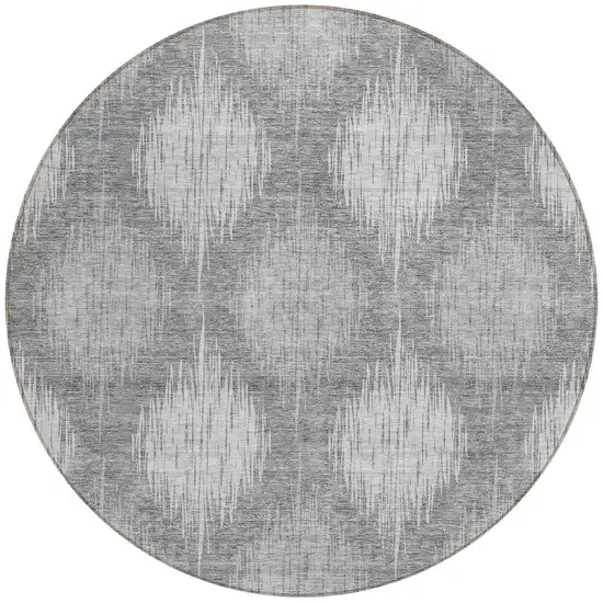 8' Gray Silver And Charcoal Round Ikat Washable Indoor Outdoor Area Rug Photo 4