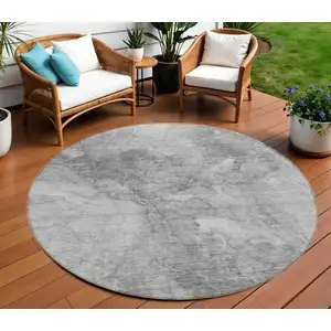 Photo of 8' Gray Silver And Charcoal Round Nautical Washable Indoor Outdoor Area Rug